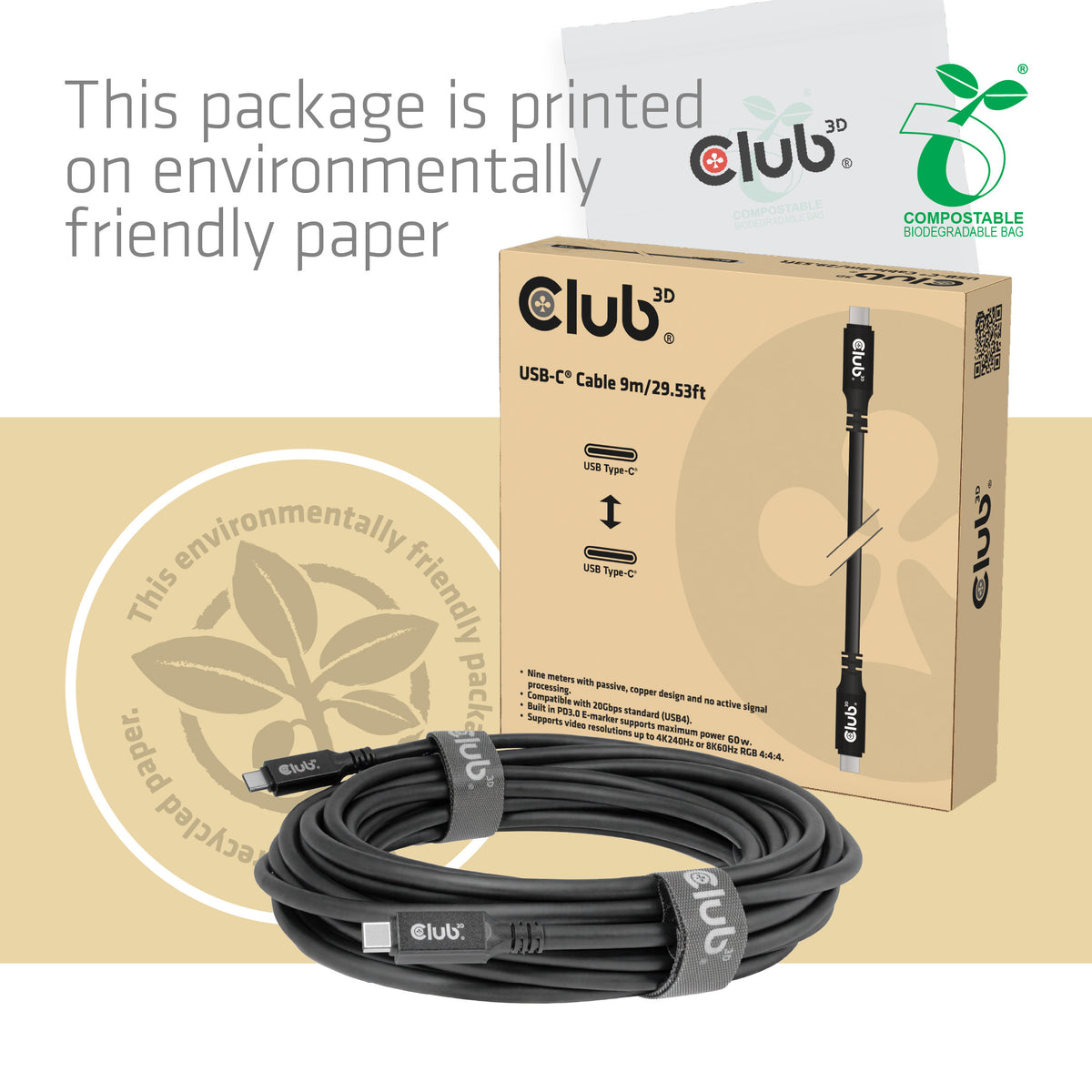 CLUB3D Câble USB-C® 8K 60 Hz, 100 W, 20 Gbps, USB4, 9 m / 29,53 pieds
