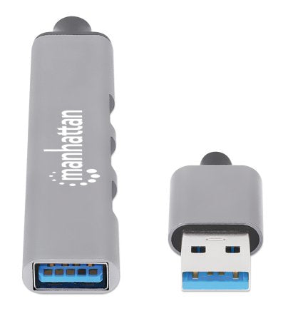 Manhattan Hub USB-A 4 ports, 4x USB-A (1x 5 Gbps USB 3.0 + 3x 480 Mbps USB 2.0), Alimenté par USB (aucune alimentation externe requise), aluminium
