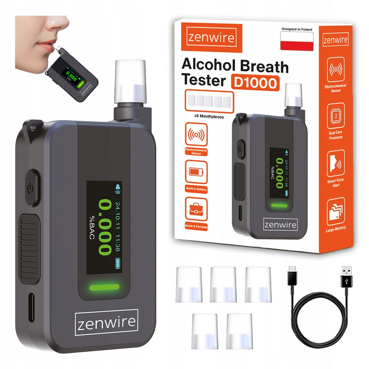 Alcootest électrochimique de police AI sans embout, modèle professionnel, 6 embouts  Zenwire D1000