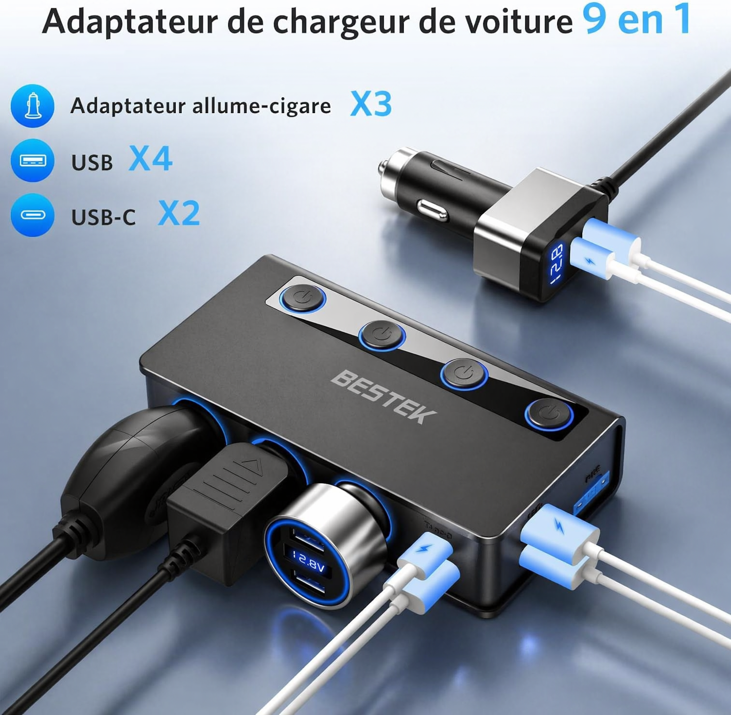 BESTEK Distributeur de Prise Cigarette 9 en 1 180W, Chargeur Voiture avec 65W PD & 4 Ports QC3.0, Adaptateur Prise Cigarette USB-C avec Lampe LED pour iPhone, Dash Cam, iPad & GPS