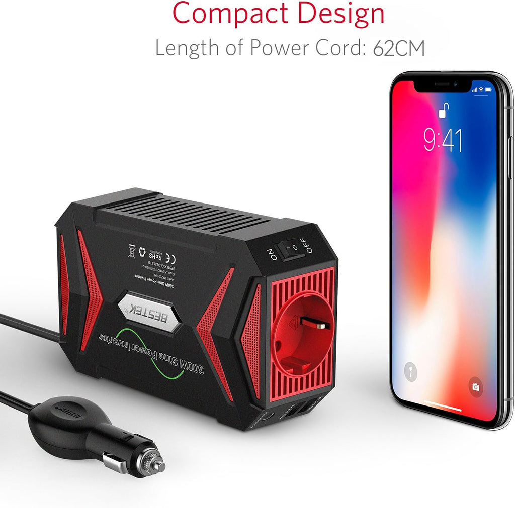 Onduleur à onde sinusoïdale pure BESTEK 12V vers 230V 300W,onduleur automobile certifié TÜV avec 2 ports USB sortie totale 4,8A,prise allume-cigare voiture,Rouge