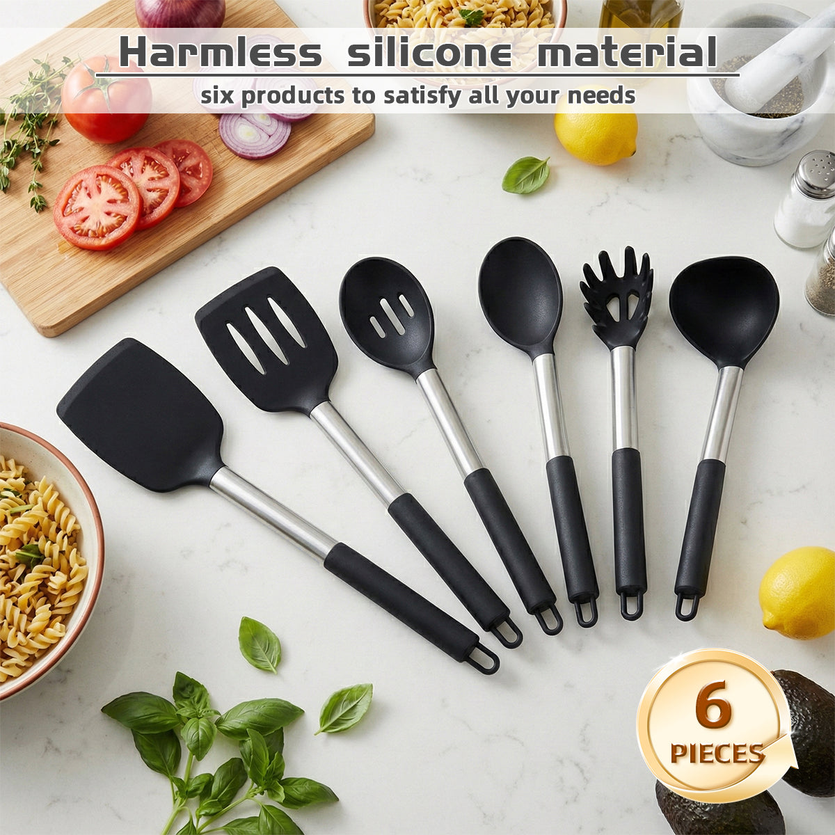 Lot de 6 Ustensiles de Cuisine en Silicone, Outils de Cuisson Non Toxiques avec Poignées Solides, Sans BPA pour Batterie de Cuisine Antiadhésive