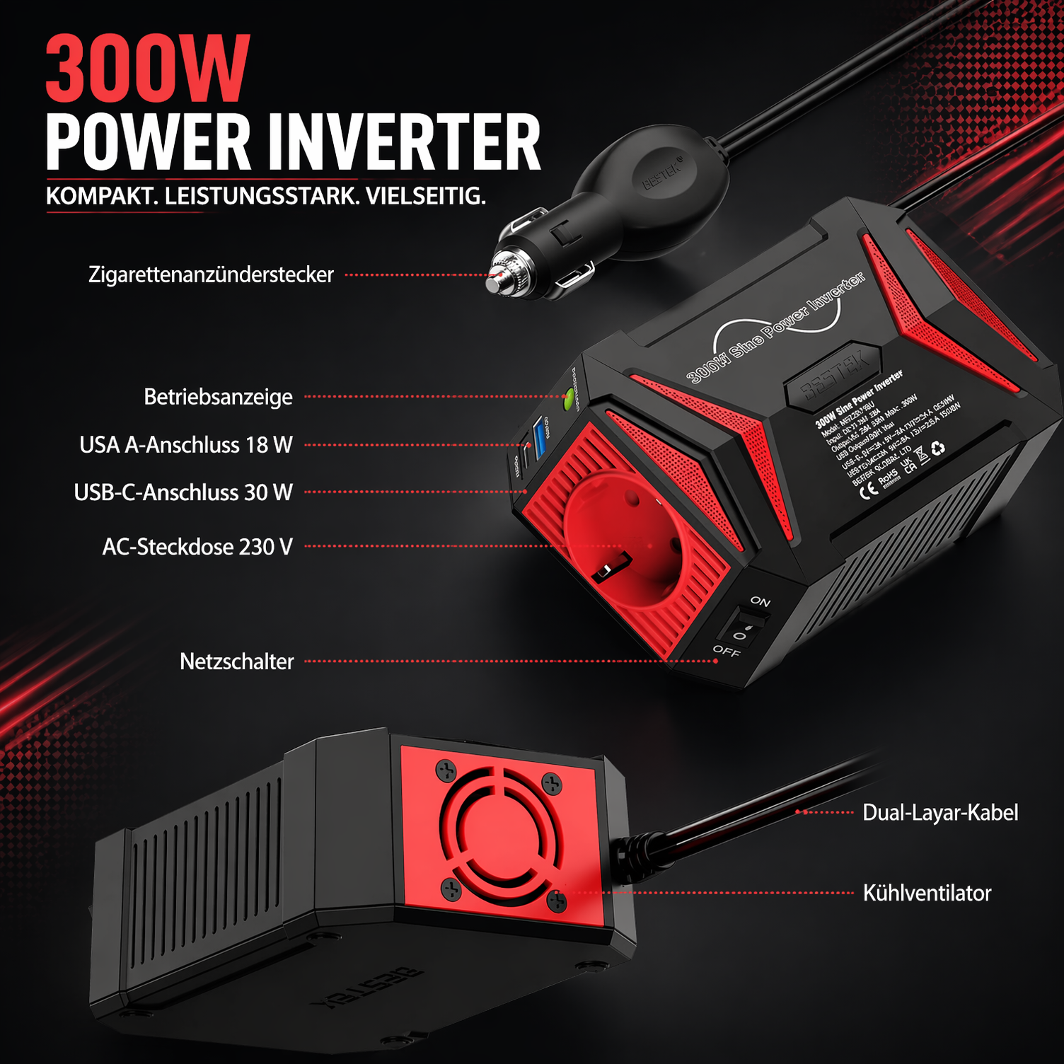 Convertisseur de courant BESTEK 300W onde sinusoïdale pure 12V vers 230V pour voiture avec ports PD30W Type-C et QC3.0 USB