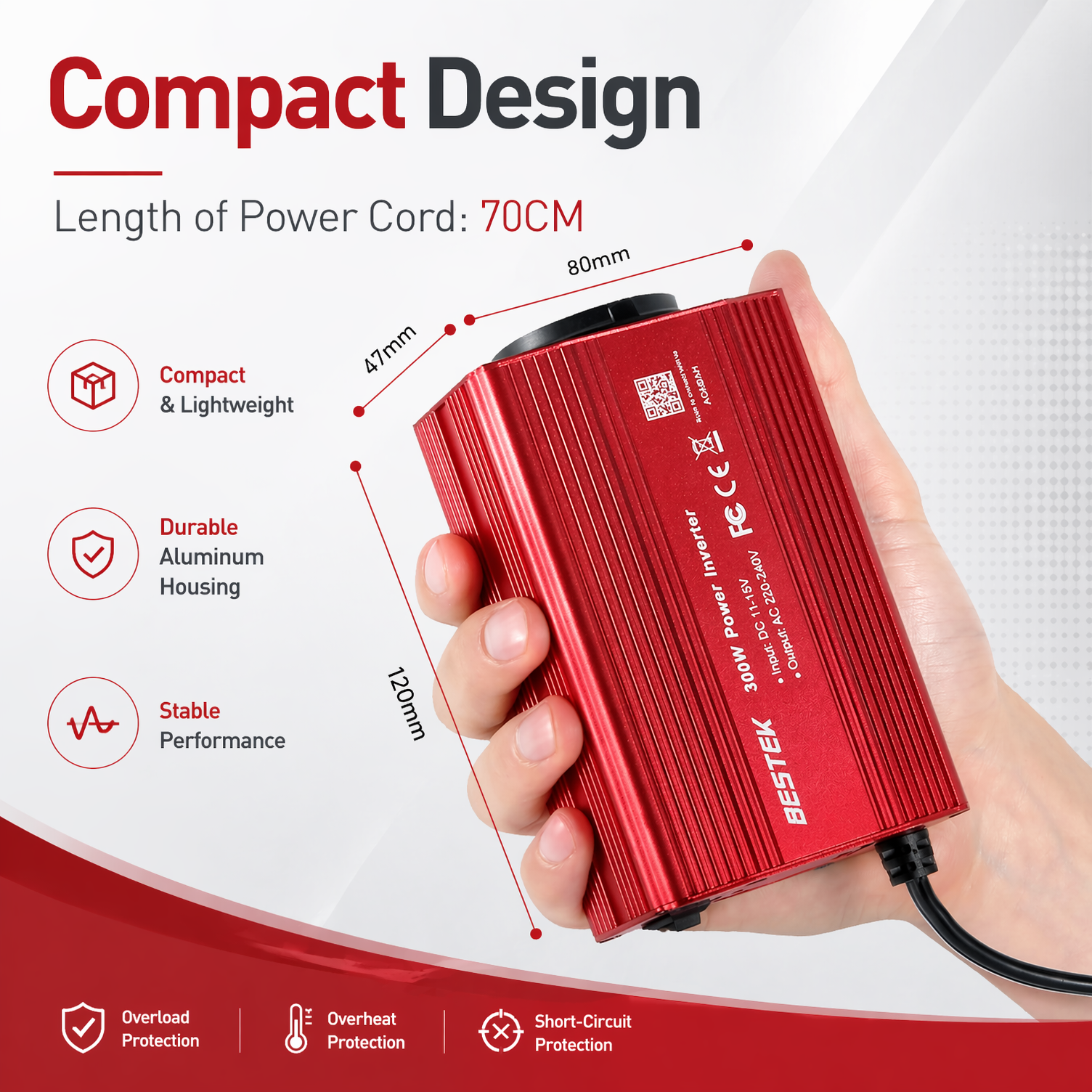 BESTEK Convertisseur de Tension 300W Onde Sinusoïdale Modifiée 12V vers 230V, avec Prise AC, 2 Ports USB (4.8A Total) & Prise Cigarette pour Voiture (Rouge)