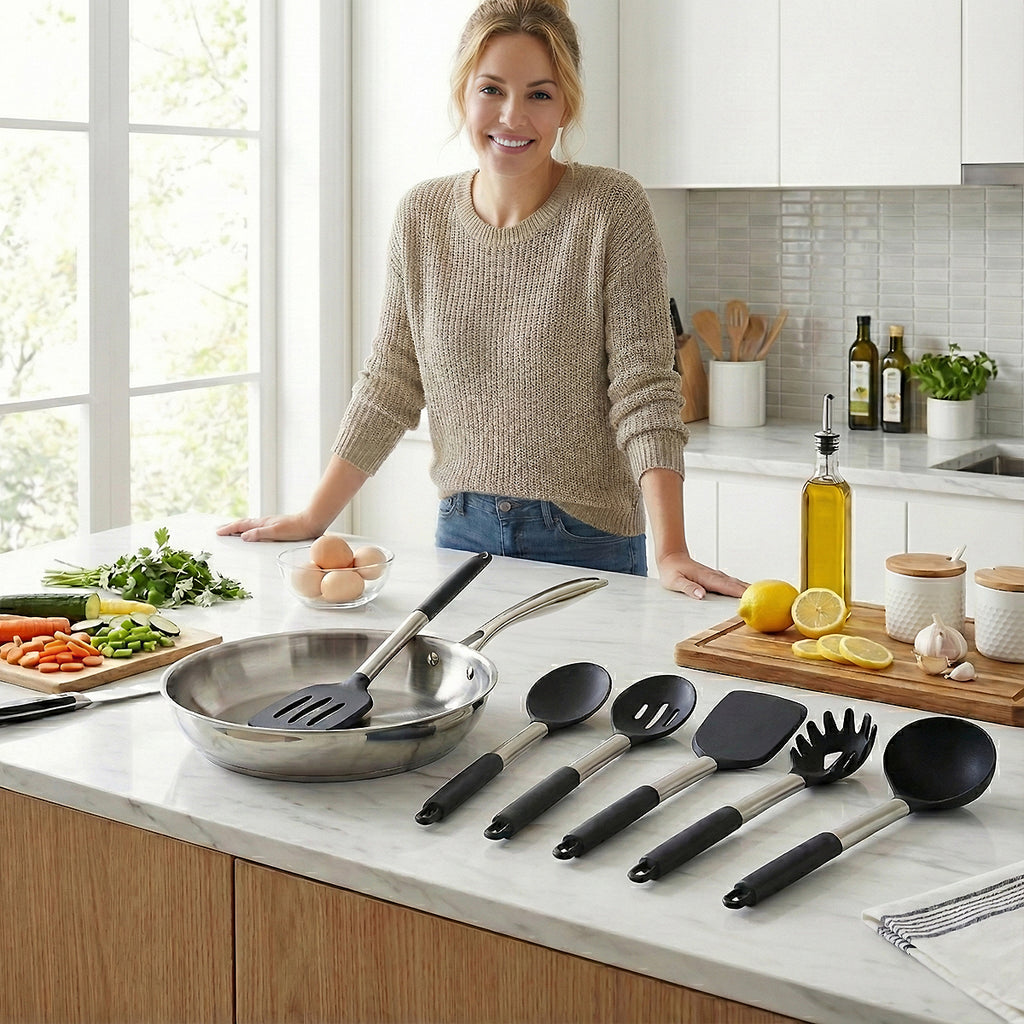 Lot de 6 Ustensiles de Cuisine en Silicone, Outils de Cuisson Non Toxiques avec Poignées Solides, Sans BPA pour Batterie de Cuisine Antiadhésive