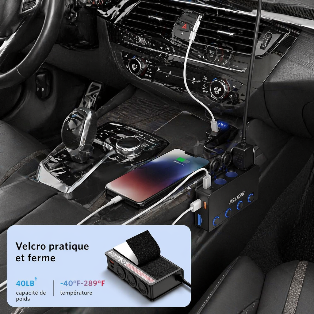 BESTEK Distributeur de Prise Cigarette 9 en 1 180W, Chargeur Voiture avec 65W PD & 4 Ports QC3.0, Adaptateur Prise Cigarette USB-C avec Lampe LED pour iPhone, Dash Cam, iPad & GPS