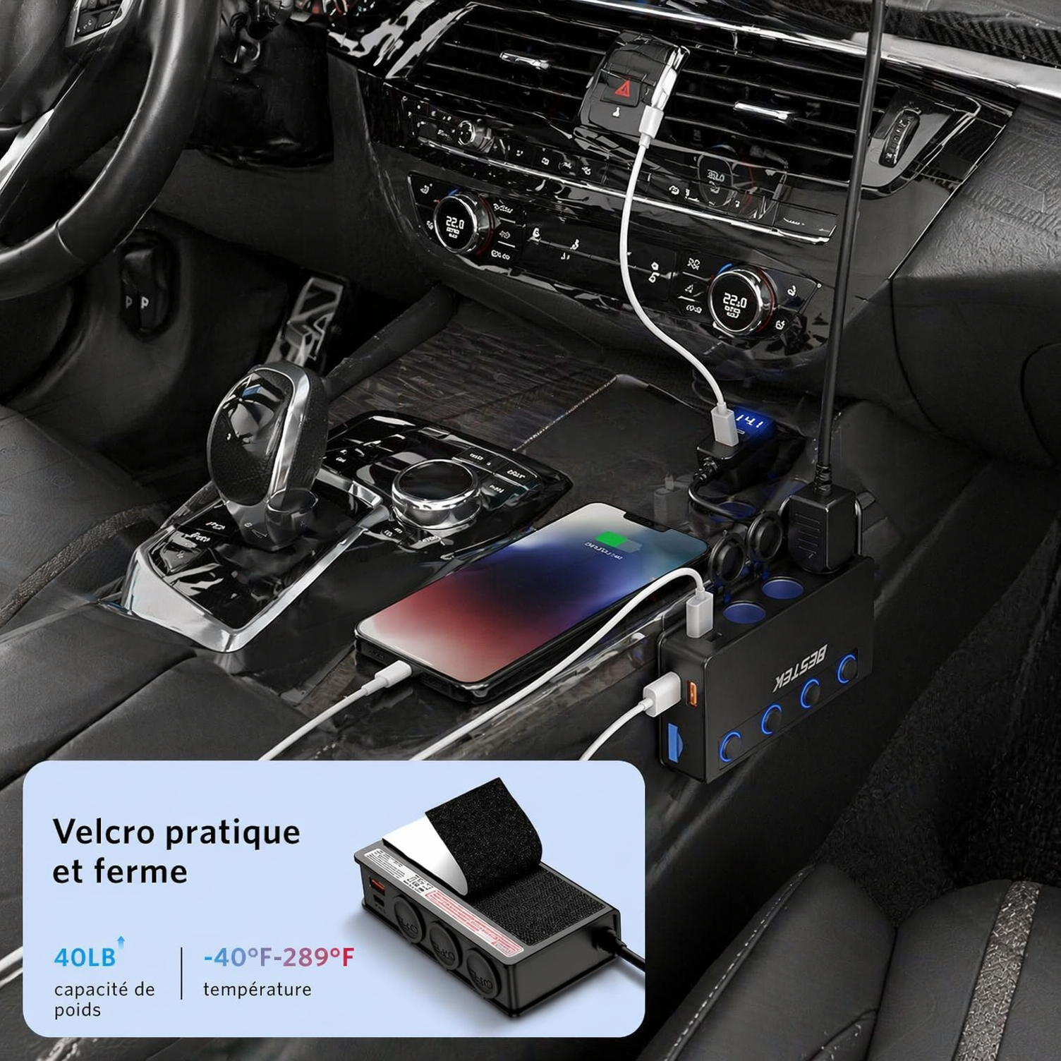 BESTEK Distributeur de Prise Cigarette 9 en 1 180W, Chargeur Voiture avec 65W PD & 4 Ports QC3.0, Adaptateur Prise Cigarette USB-C avec Lampe LED pour iPhone, Dash Cam, iPad & GPS