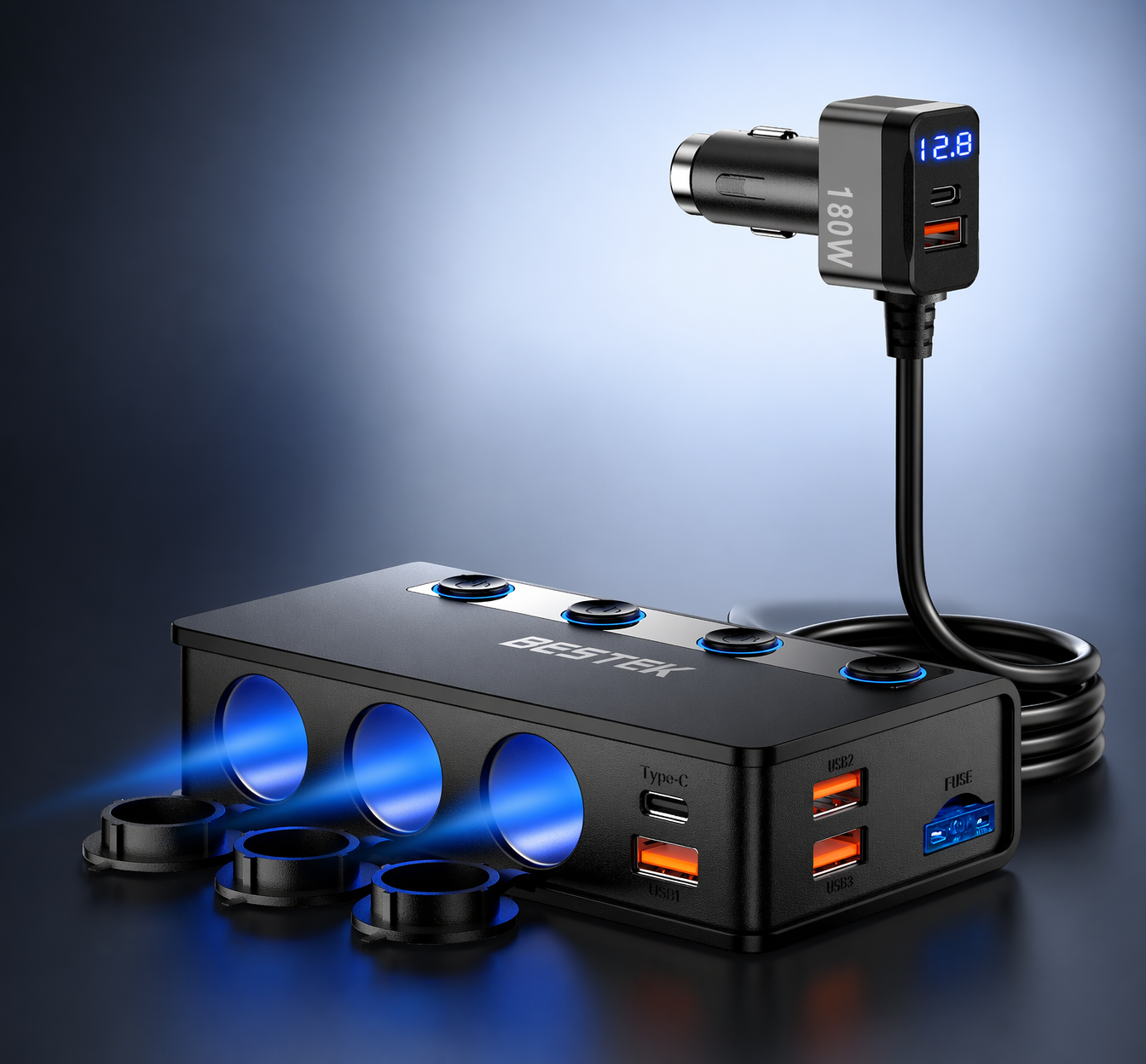 BESTEK Distributeur de Prise Cigarette 9 en 1 180W, Chargeur Voiture avec 65W PD & 4 Ports QC3.0, Adaptateur Prise Cigarette USB-C avec Lampe LED pour iPhone, Dash Cam, iPad & GPS