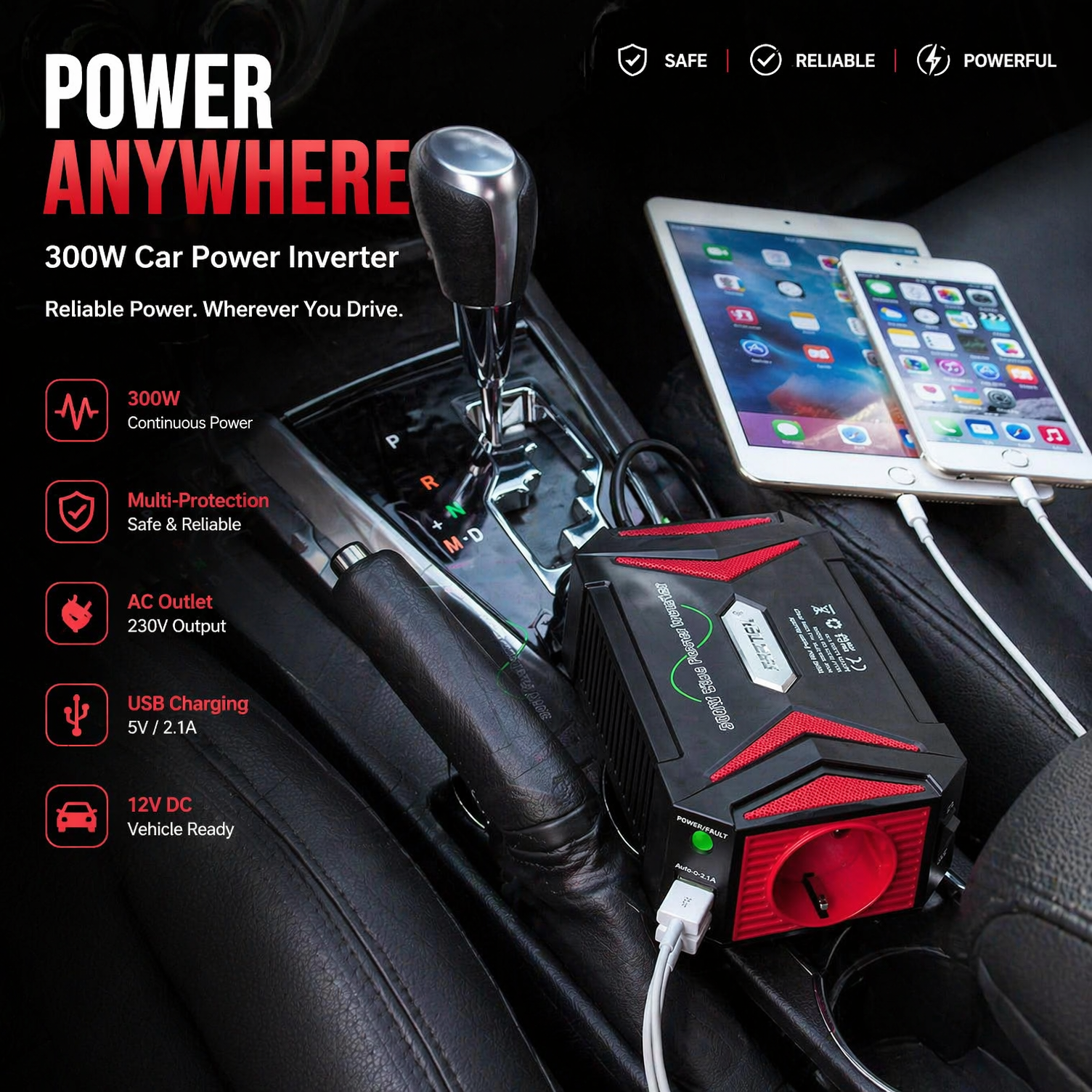 Onduleur à onde sinusoïdale pure BESTEK 12V vers 230V 300W,onduleur automobile certifié TÜV avec 2 ports USB sortie totale 4,8A,prise allume-cigare voiture,Rouge
