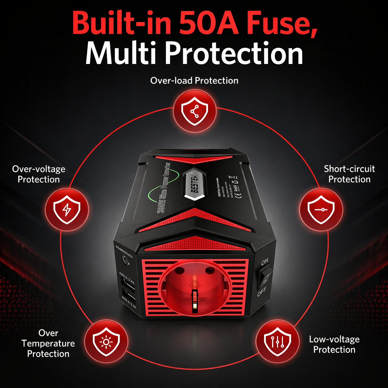 Onduleur à onde sinusoïdale pure BESTEK 12V vers 230V 300W,onduleur automobile certifié TÜV avec 2 ports USB sortie totale 4,8A,prise allume-cigare voiture,Rouge