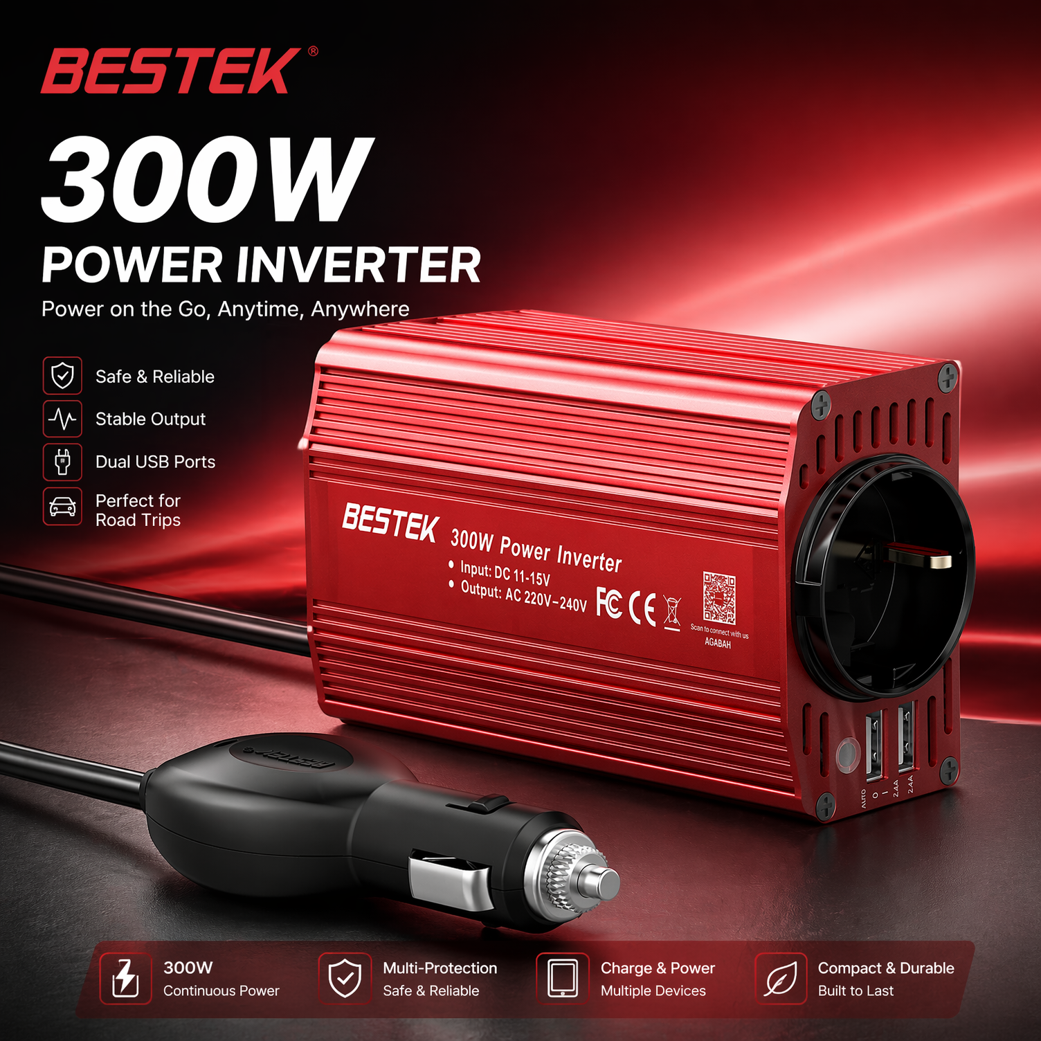 BESTEK Convertisseur de Tension 300W Onde Sinusoïdale Modifiée 12V vers 230V, avec Prise AC, 2 Ports USB (4.8A Total) & Prise Cigarette pour Voiture (Rouge)
