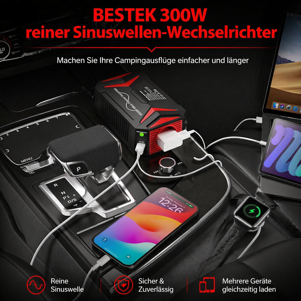 Convertisseur de courant BESTEK 300W onde sinusoïdale pure 12V vers 230V pour voiture avec ports PD30W Type-C et QC3.0 USB