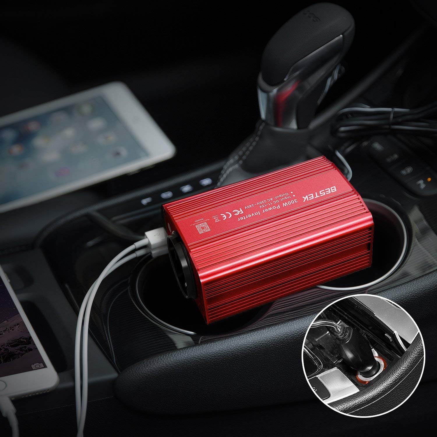 BESTEK Convertisseur de Tension 300W Onde Sinusoïdale Modifiée 12V vers 230V, avec Prise AC, 2 Ports USB (4.8A Total) & Prise Cigarette pour Voiture (Rouge)