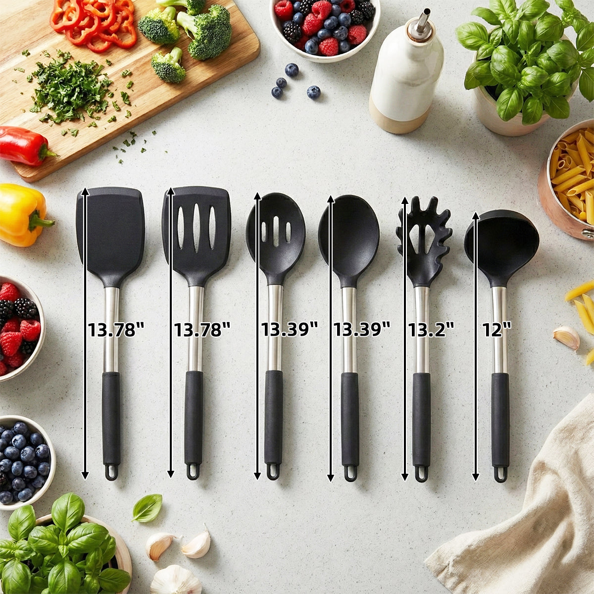 Lot de 6 Ustensiles de Cuisine en Silicone, Outils de Cuisson Non Toxiques avec Poignées Solides, Sans BPA pour Batterie de Cuisine Antiadhésive
