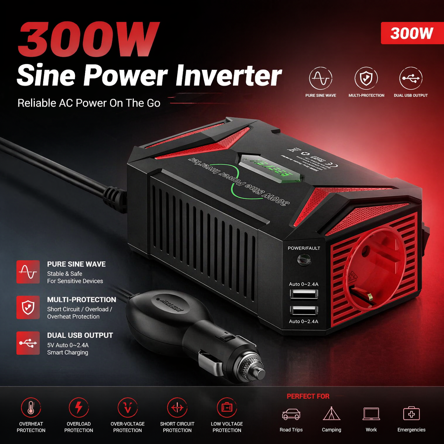 Onduleur à onde sinusoïdale pure BESTEK 12V vers 230V 300W,onduleur automobile certifié TÜV avec 2 ports USB sortie totale 4,8A,prise allume-cigare voiture,Rouge