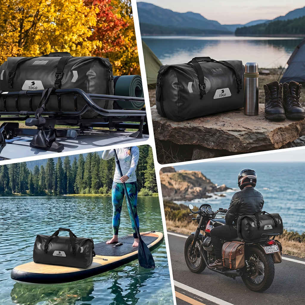 Sac arrière moto 66L, sac à dos grande capacité en PVC, rangement universel pour moto, sac étanche à fermeture enroulable avec bandes réfléchissantes, adapté au camping