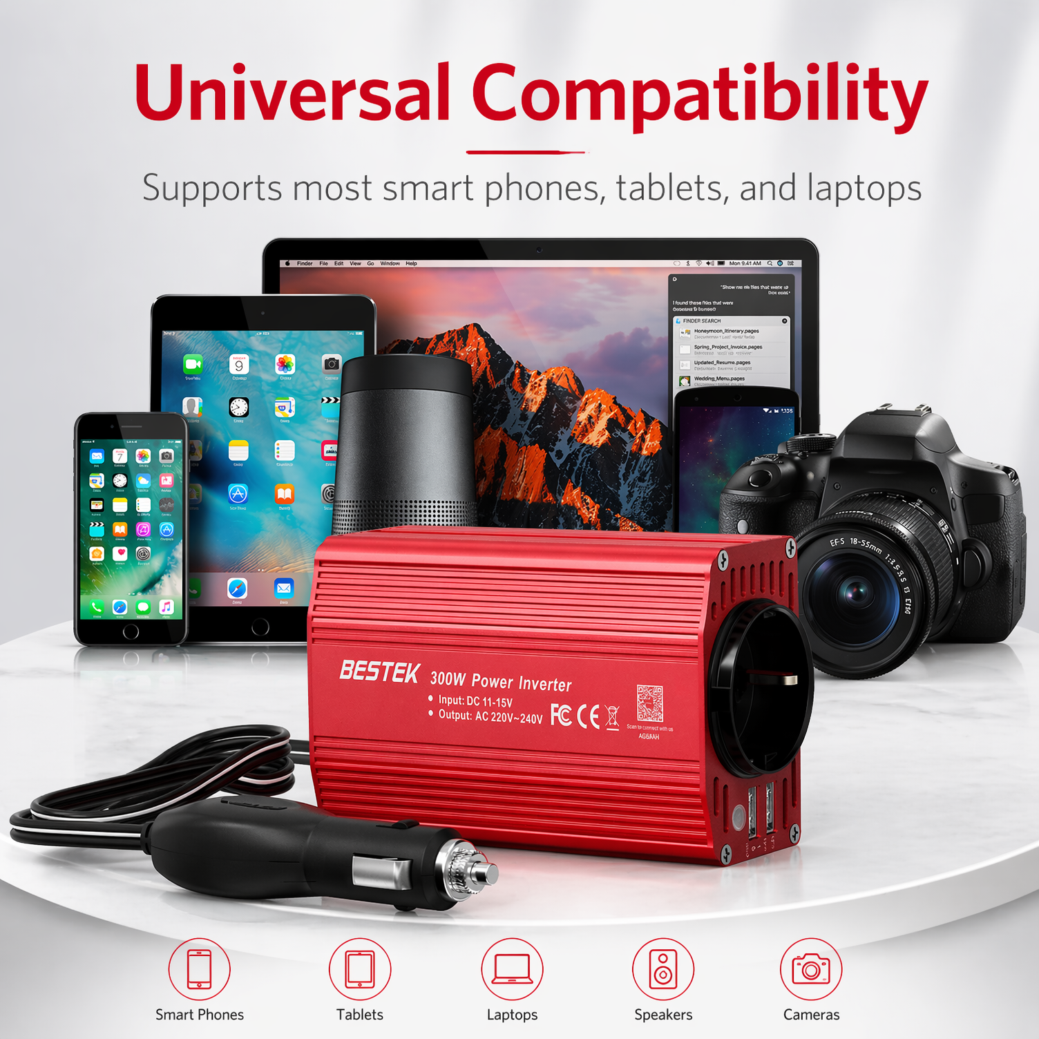 BESTEK Convertisseur de Tension 300W Onde Sinusoïdale Modifiée 12V vers 230V, avec Prise AC, 2 Ports USB (4.8A Total) & Prise Cigarette pour Voiture (Rouge)