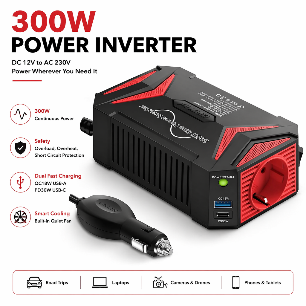 Convertisseur de courant BESTEK 300W onde sinusoïdale pure 12V vers 230V pour voiture avec ports PD30W Type-C et QC3.0 USB