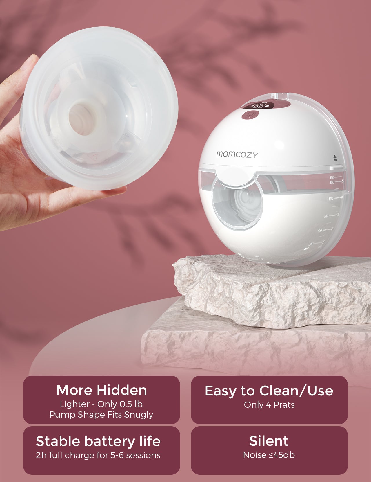 Momcozy M5 Tire-lait à porter, Tire-lait électrique sans fil mains libres, 3 modes 9 niveaux d'aspiration, Sans BPA, Portable et léger, Anneau de 24 mm, Lot de 2 rouge douillet
