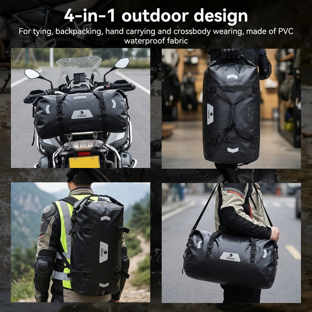 Sac arrière moto 66L, sac à dos grande capacité en PVC, rangement universel pour moto, sac étanche à fermeture enroulable avec bandes réfléchissantes, adapté au camping
