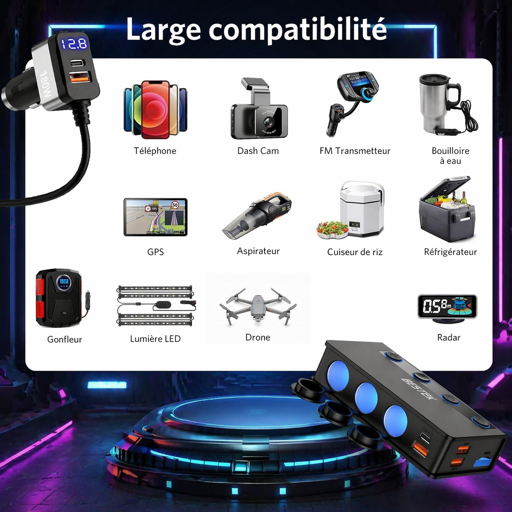 BESTEK Distributeur de Prise Cigarette 9 en 1 180W, Chargeur Voiture avec 65W PD & 4 Ports QC3.0, Adaptateur Prise Cigarette USB-C avec Lampe LED pour iPhone, Dash Cam, iPad & GPS