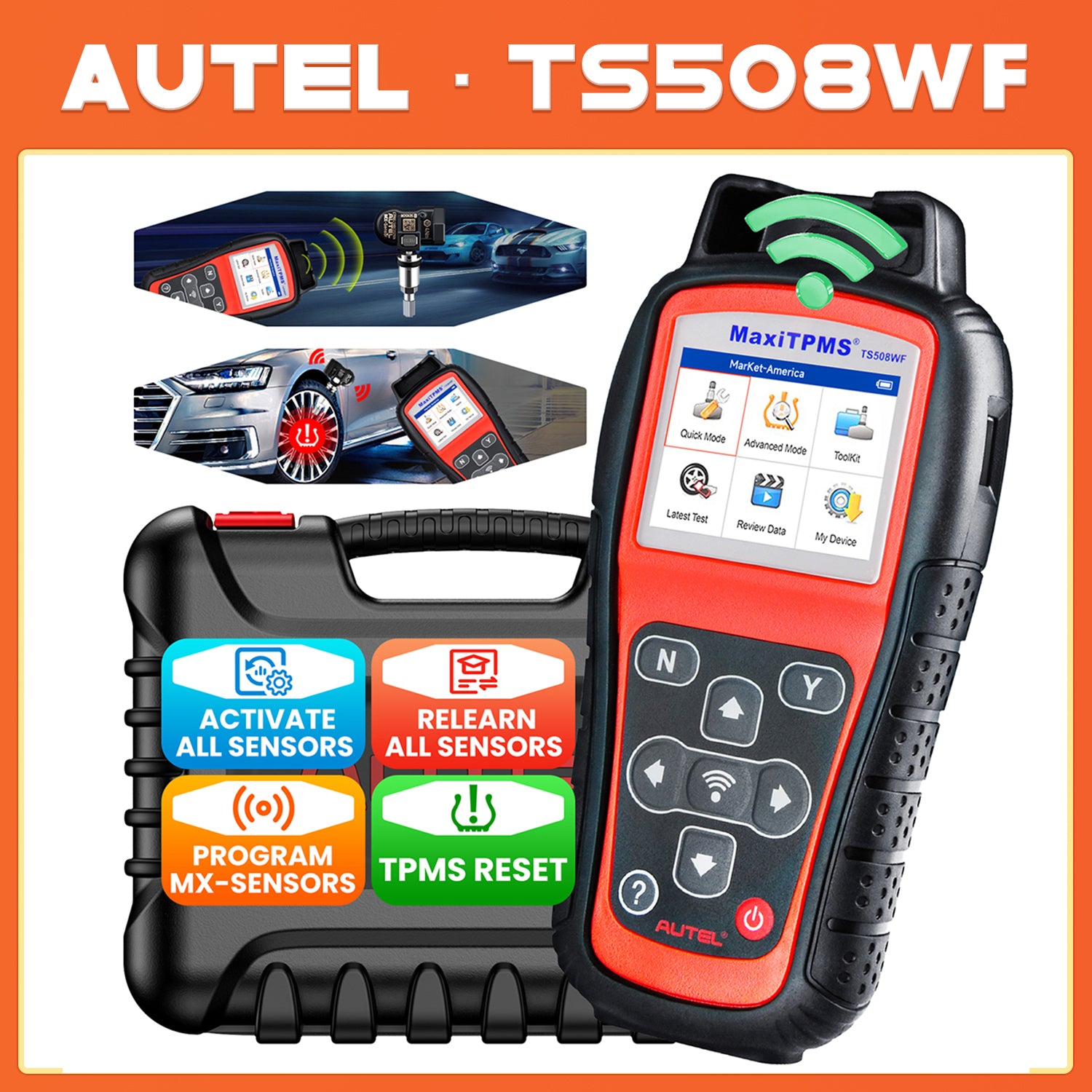 Autel MaxiTPMS TS508WF Outil de diagnostic TPMS automobile OBD2 avec moniteur de pression des pneus, programmateur de capteurs MX, réapprentissage et activation