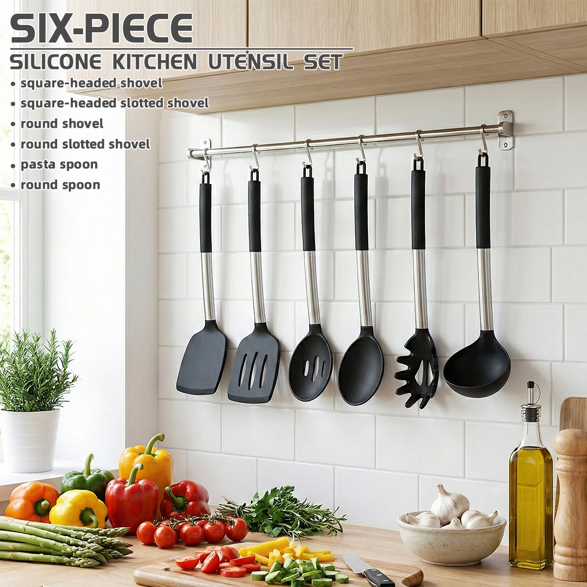 Lot de 6 Ustensiles de Cuisine en Silicone, Outils de Cuisson Non Toxiques avec Poignées Solides, Sans BPA pour Batterie de Cuisine Antiadhésive