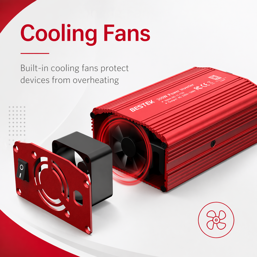 BESTEK Convertisseur de Tension 300W Onde Sinusoïdale Modifiée 12V vers 230V, avec Prise AC, 2 Ports USB (4.8A Total) & Prise Cigarette pour Voiture (Rouge)