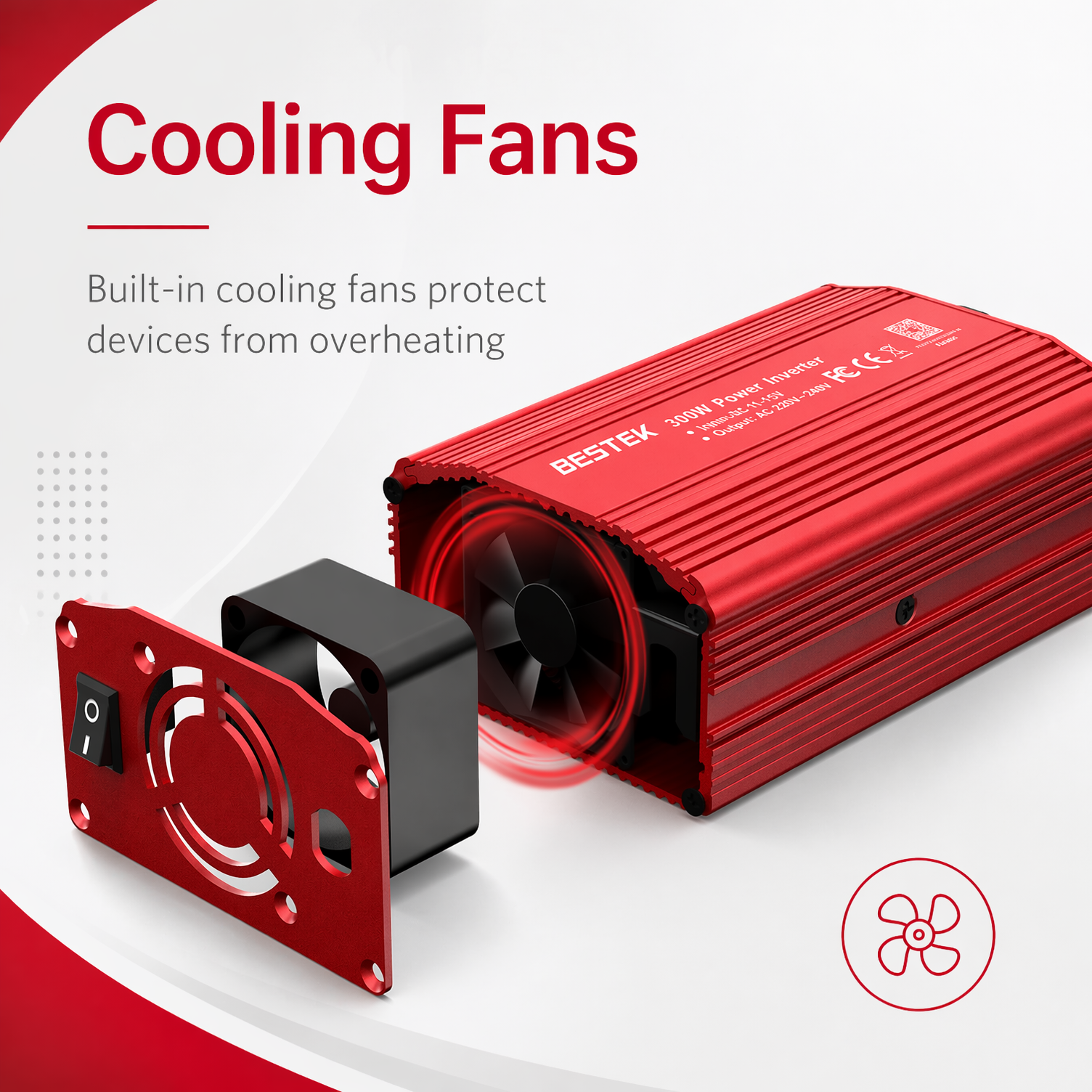 BESTEK Convertisseur de Tension 300W Onde Sinusoïdale Modifiée 12V vers 230V, avec Prise AC, 2 Ports USB (4.8A Total) & Prise Cigarette pour Voiture (Rouge)