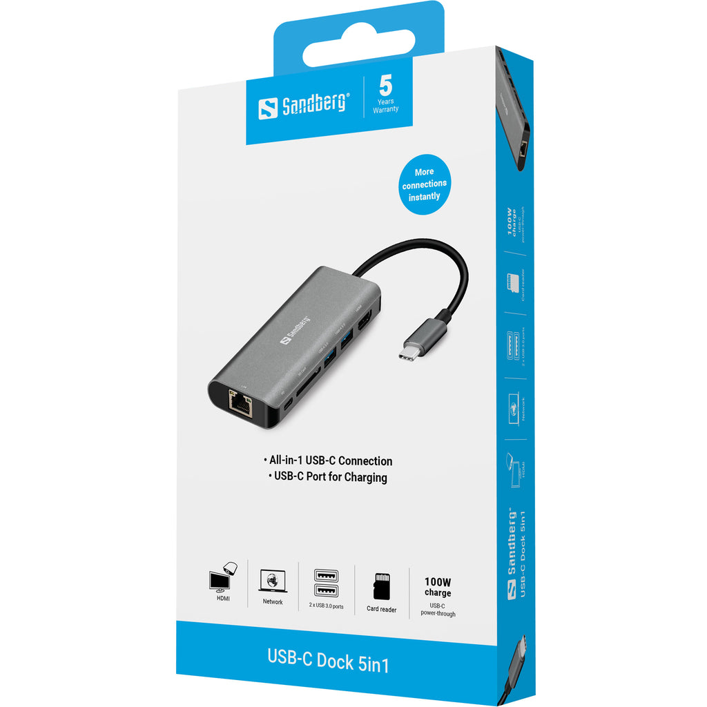 Sandberg Station d'accueil USB-C HDMI LAN SD USB 100W