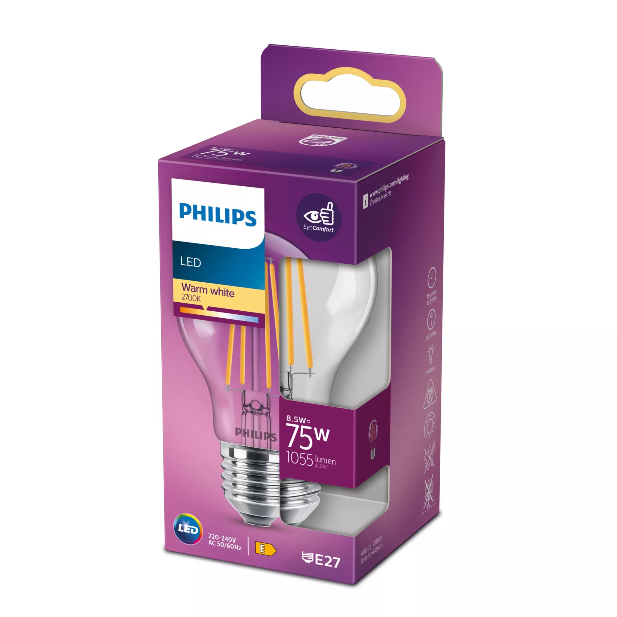Philips Ampoule transparente à filament 75 W A60 E27