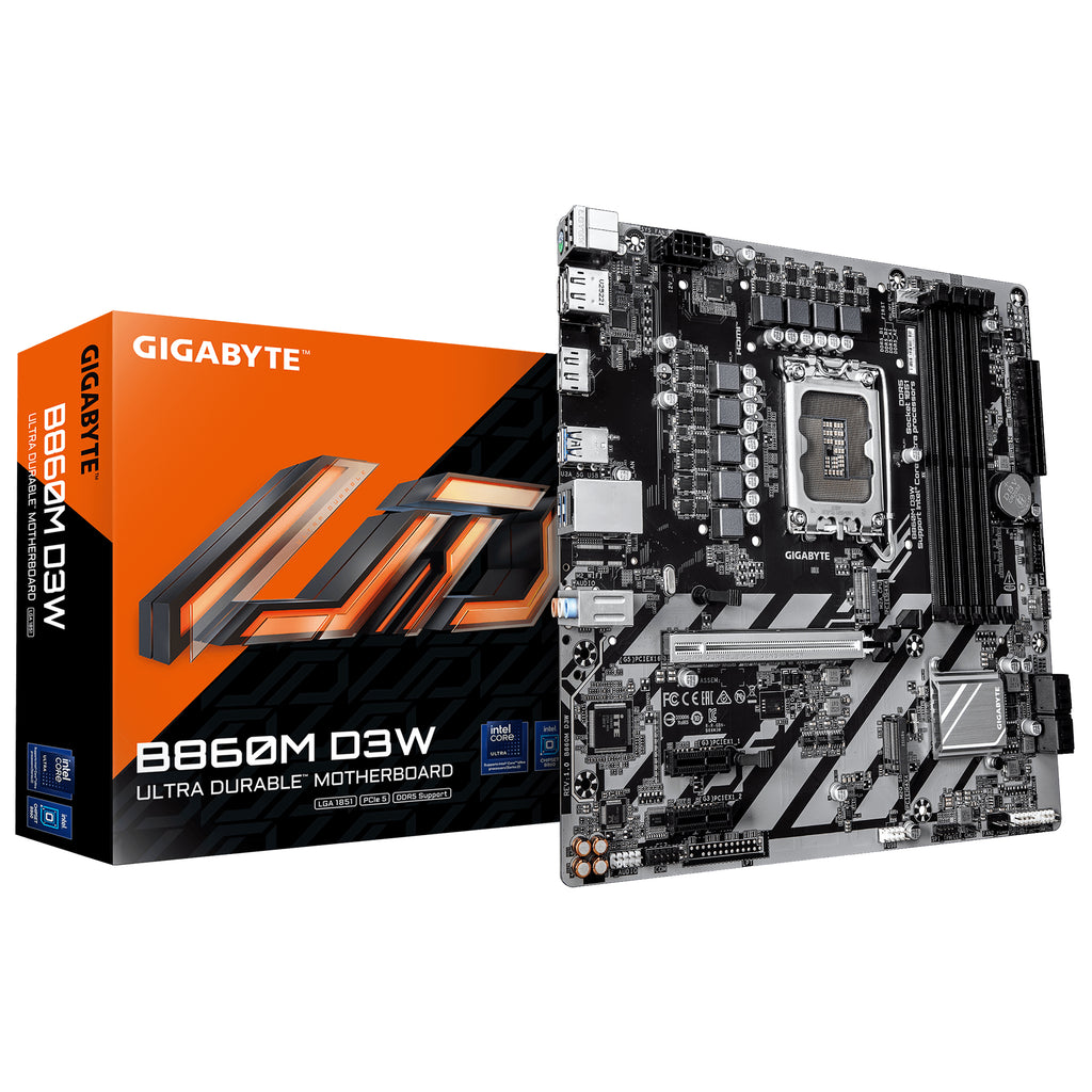 GIGABYTE B860M D3W Carte Mère – Processeurs Intel Core Ultra Series, VRM 4+1+2 phases, jusqu’à 9066 MHz DDR5, 2x PCIe 4.0 M.2, LAN 1 GbE, USB 3.2 Gen 1