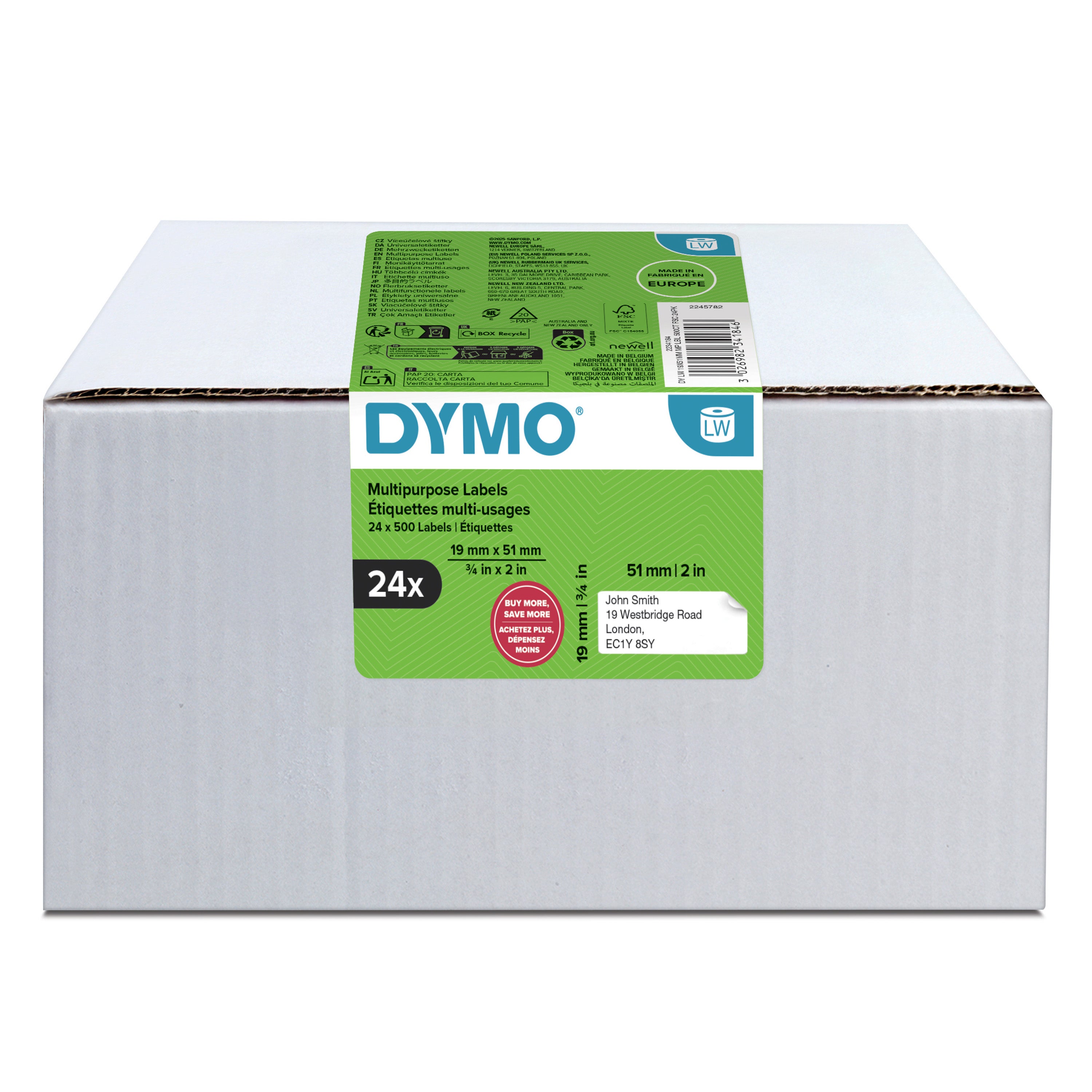 DYMO LW étiquettes autocollantes authentiques de retour/polyvalentes | 19 mm x 51 mm | 24 rouleaux 500 étiquettes faciles à décoller (lot de 12.000) | pour les étiqueteuses LabelWriter
