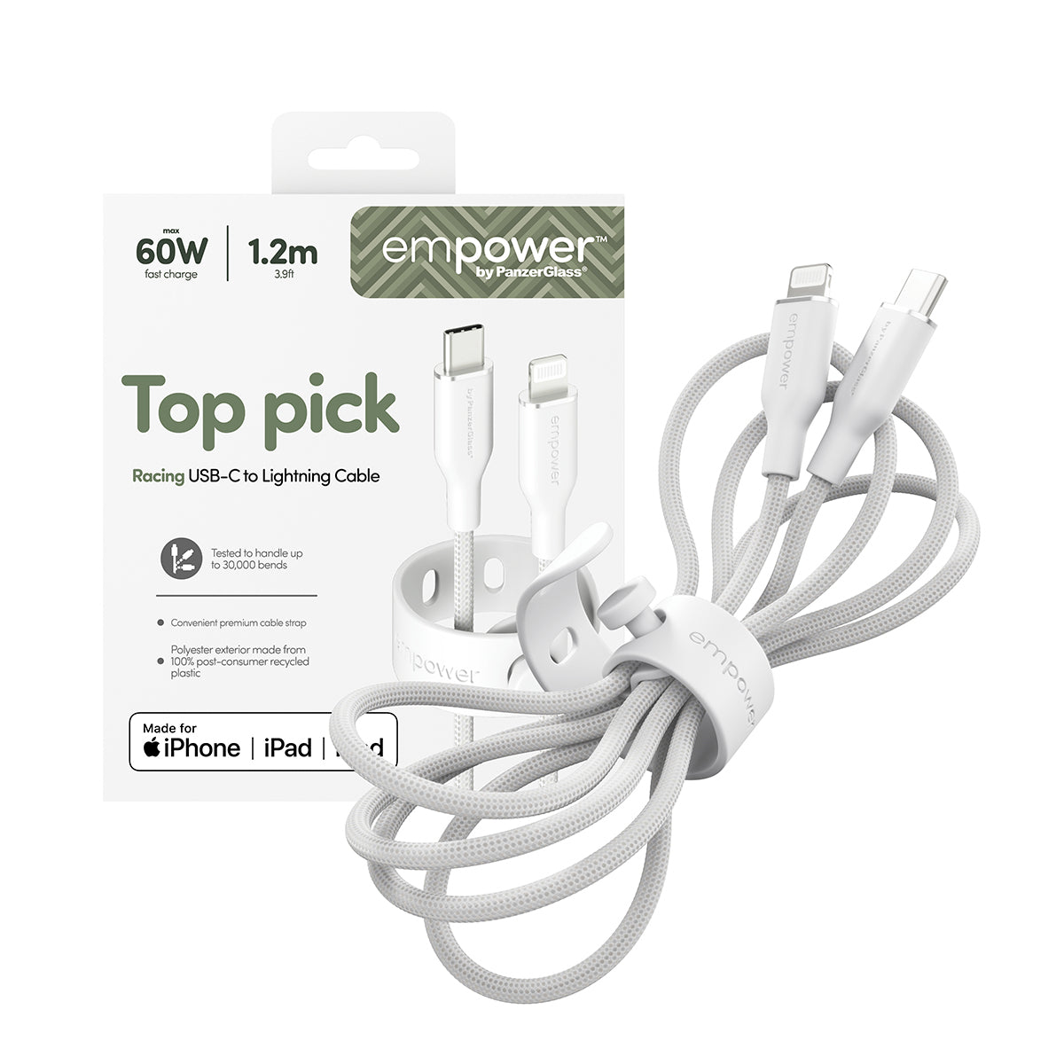 PanzerGlass empower™ by ® Racing 60W USB-C to Lightning Cable | USB 2.0 | 1.2M | Silver White câble USB Blanc