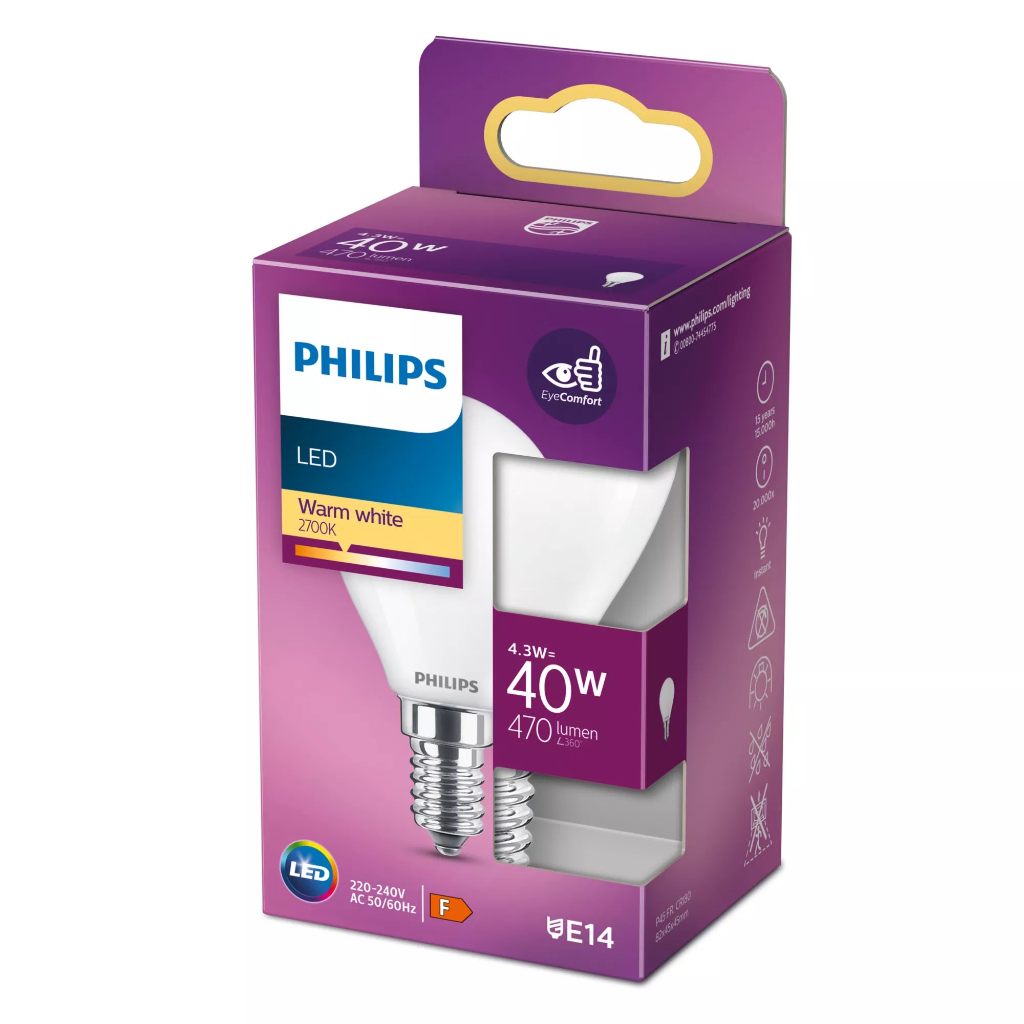 Philips Ampoule flamme dépolie à filament 40 W P45 E14