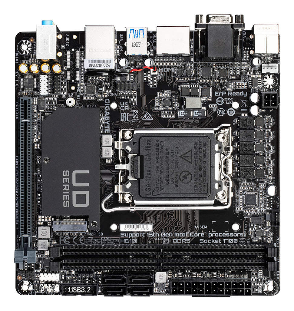 GIGABYTE H610I Carte mère - Prend en charge les processeurs Intel Core 14e génération, VRM numérique hybride 4+1+1, jusqu'à 5600MHz DDR5, 1xPCIe 3.0 M.2, LAN GbE, USB 3.2 Gen 1