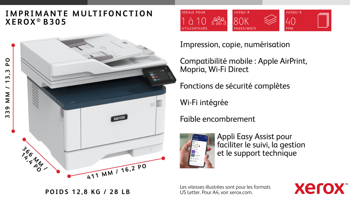 Xerox B305 Imprimante Multifonction A4 Sans Fil, 38 ppm, Recto Verso, PS3 PCL5e/6