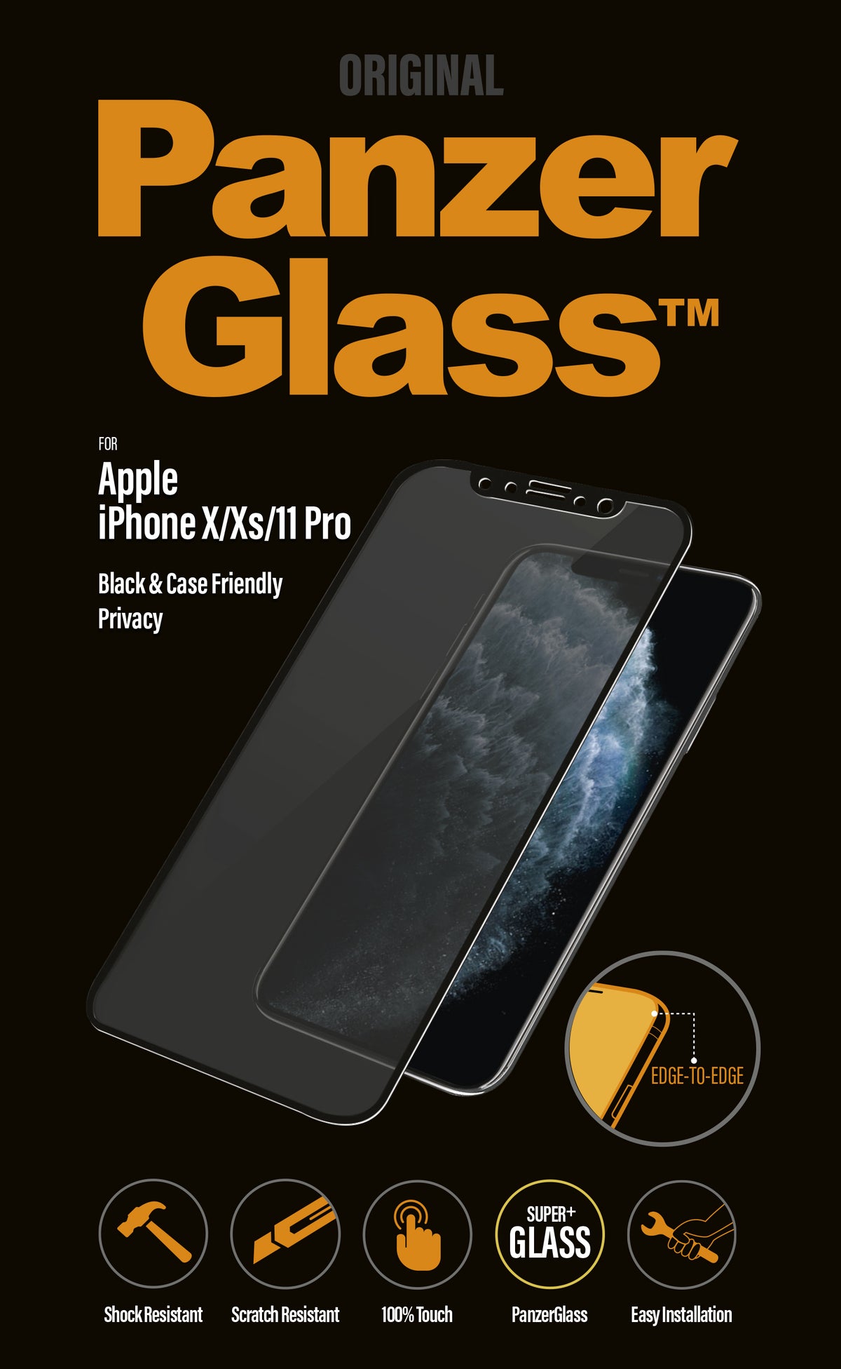 PanzerGlass Protection d'Écran de Confidentialité pour iPhone 11 Pro, X, Xs, Protection Bord à Bord, Transparent