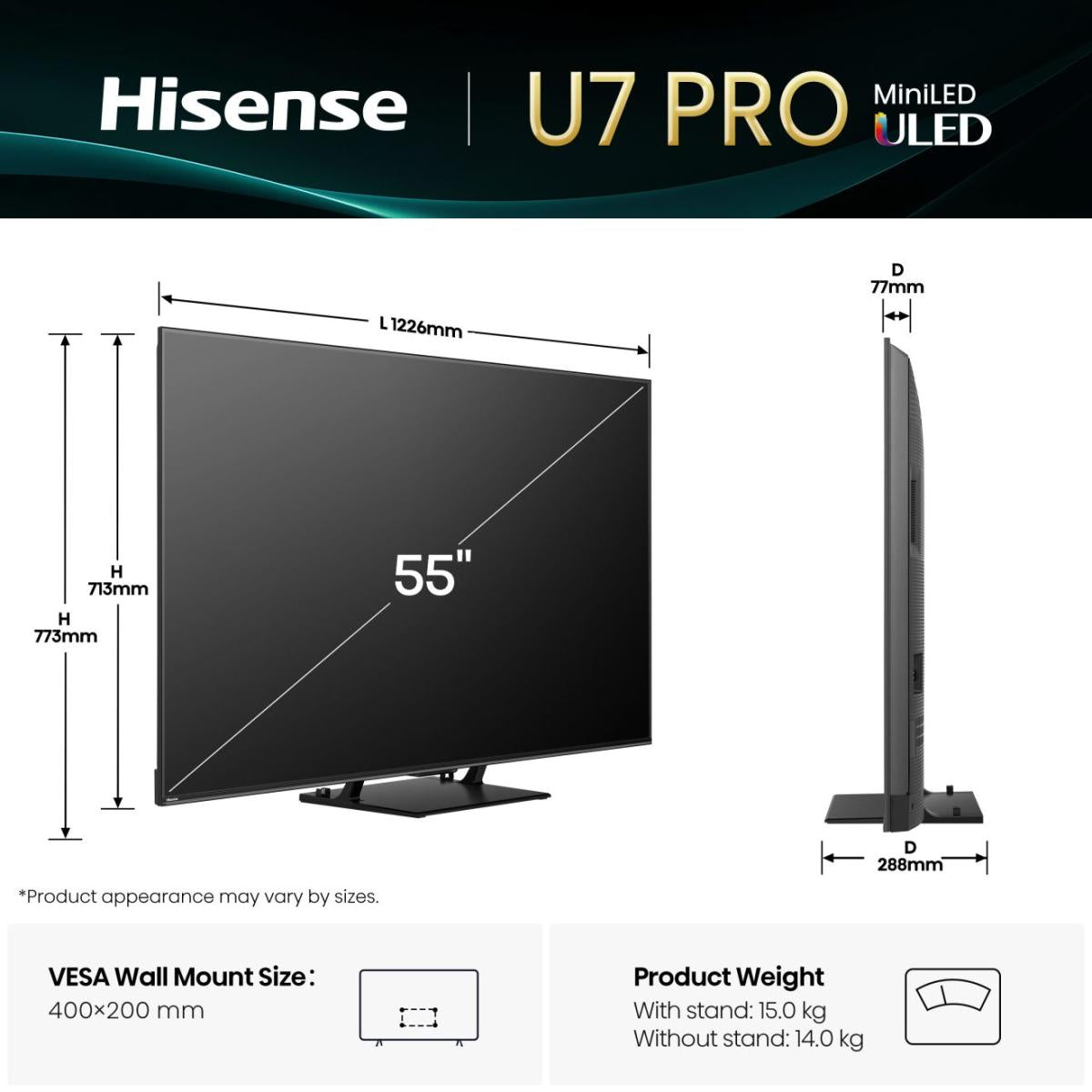 Hisense 55U7Q PRO Smart TV 139,7 cm (55") 4K Ultra HD MiniLED Wifi Noir 500 cd/m²