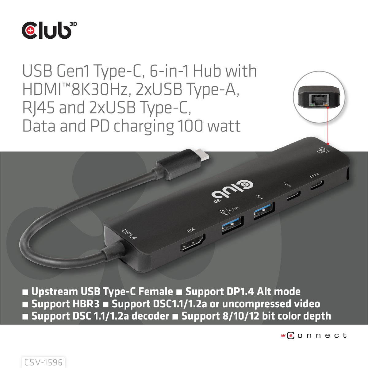 CLUB3D CSV-1596 Station d'accueil USB 3.2 Gen 1 Type-C, 8K UHD 120Hz, Noir