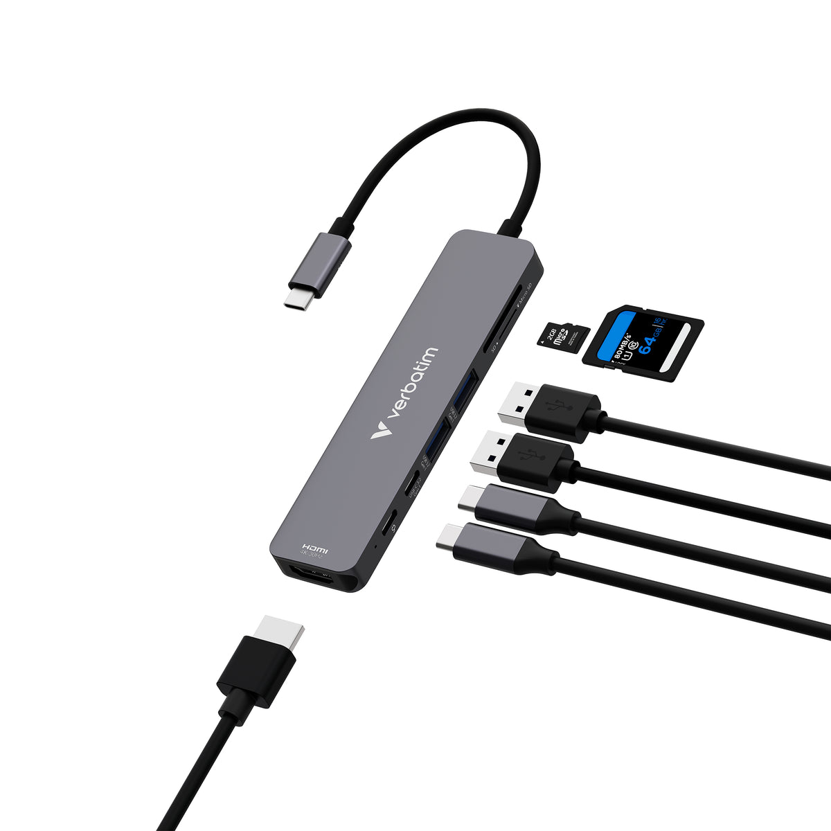 Verbatim Hub multiports USB-C Essentials, 7 ports HDMI 4K, USB-C PD, USB-A 3.2 Gen 1, Lecteurs SD/microSD