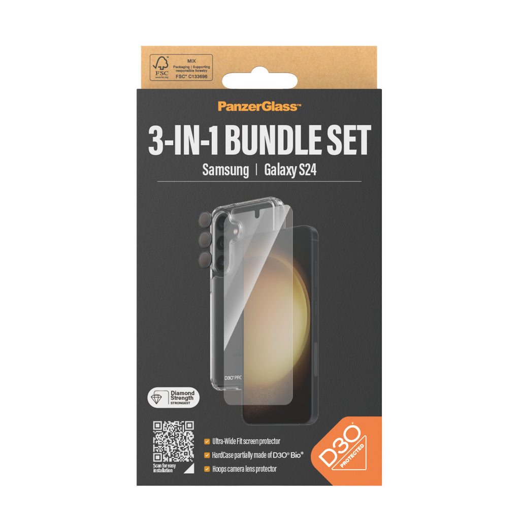 PanzerGlass Pack de Protection 3-en-1 pour Samsung Galaxy S24, Ultra-Wide Fit avec EasyAligner, Transparent