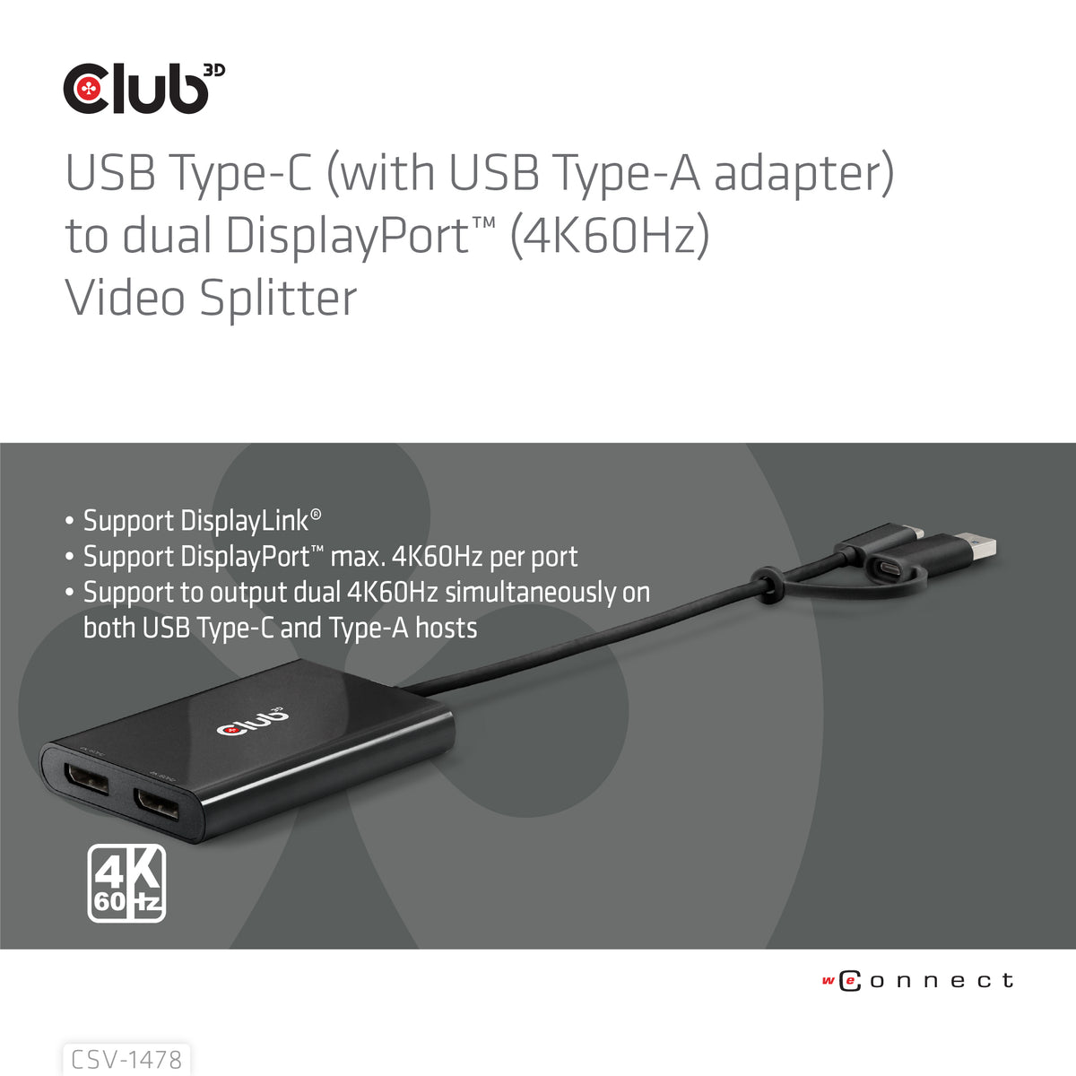 CLUB3D CSV-1478 Répartiteur Vidéo USB Type-C vers 2x DisplayPort 4K UHD