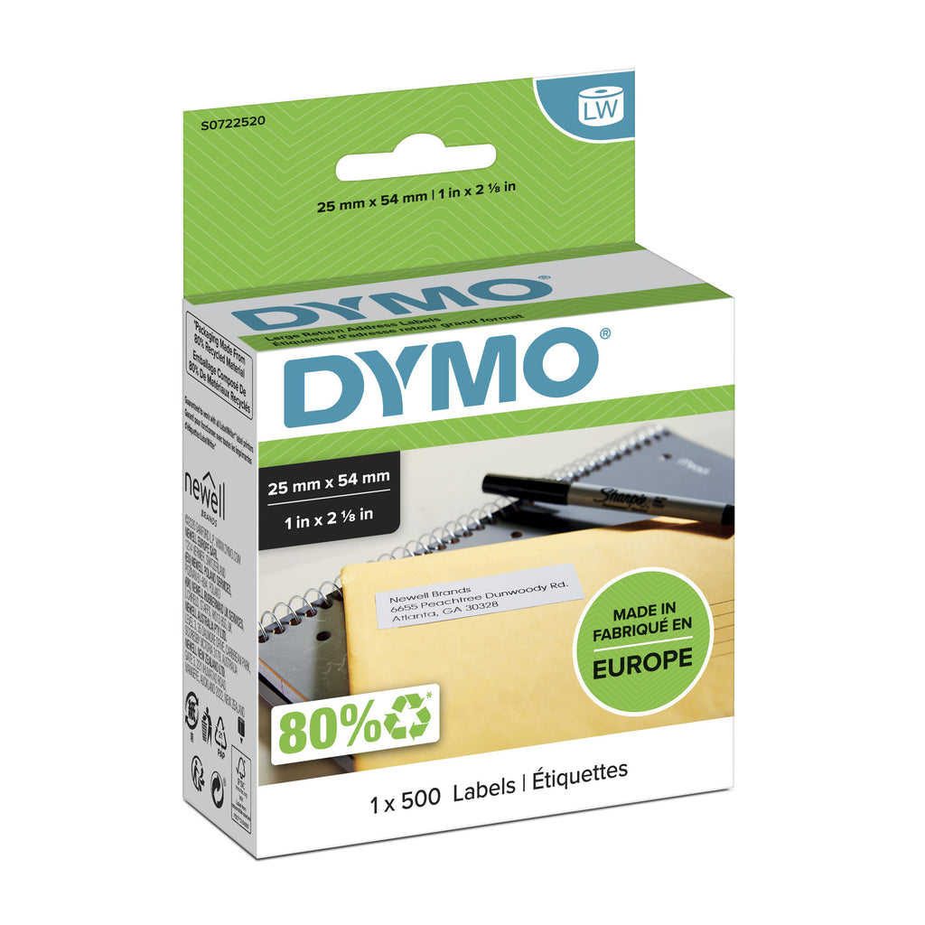 DYMO LW étiquettes de retour autocollantes | 25 mm x 54 mm | rouleau de 500 étiquettes faciles à décoller | pour les étiqueteuses LabelWriter