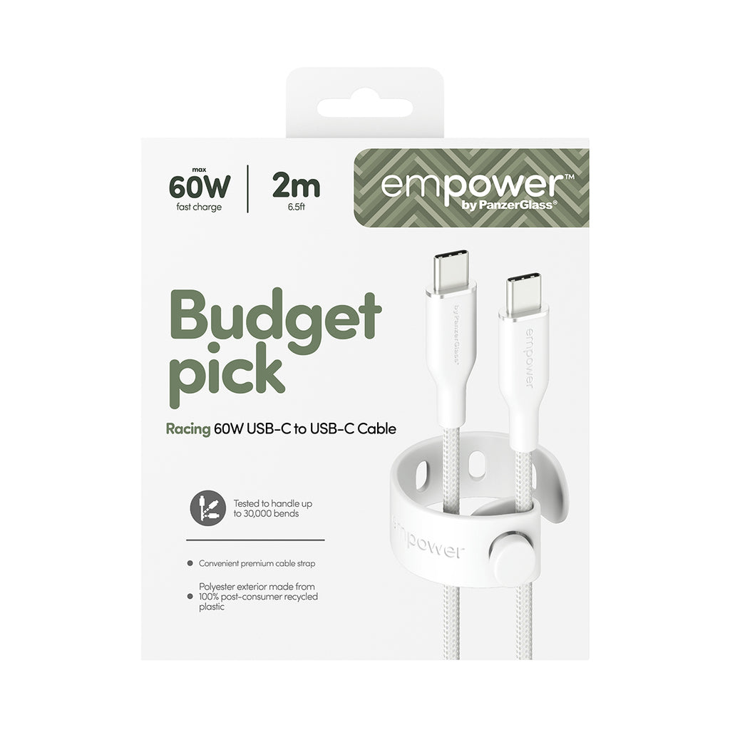 PanzerGlass empower™ by ® Racing 60W USB-C to USB-C Cable | USB 2.0 | 2M | Silver White câble USB Blanc