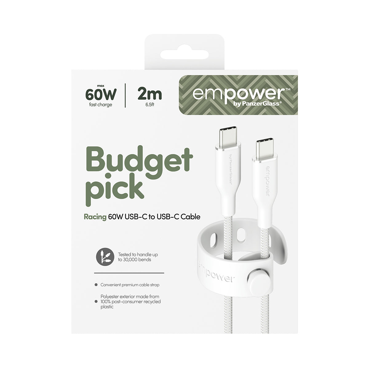 PanzerGlass empower™ by ® Racing 60W USB-C to USB-C Cable | USB 2.0 | 2M | Silver White câble USB Blanc