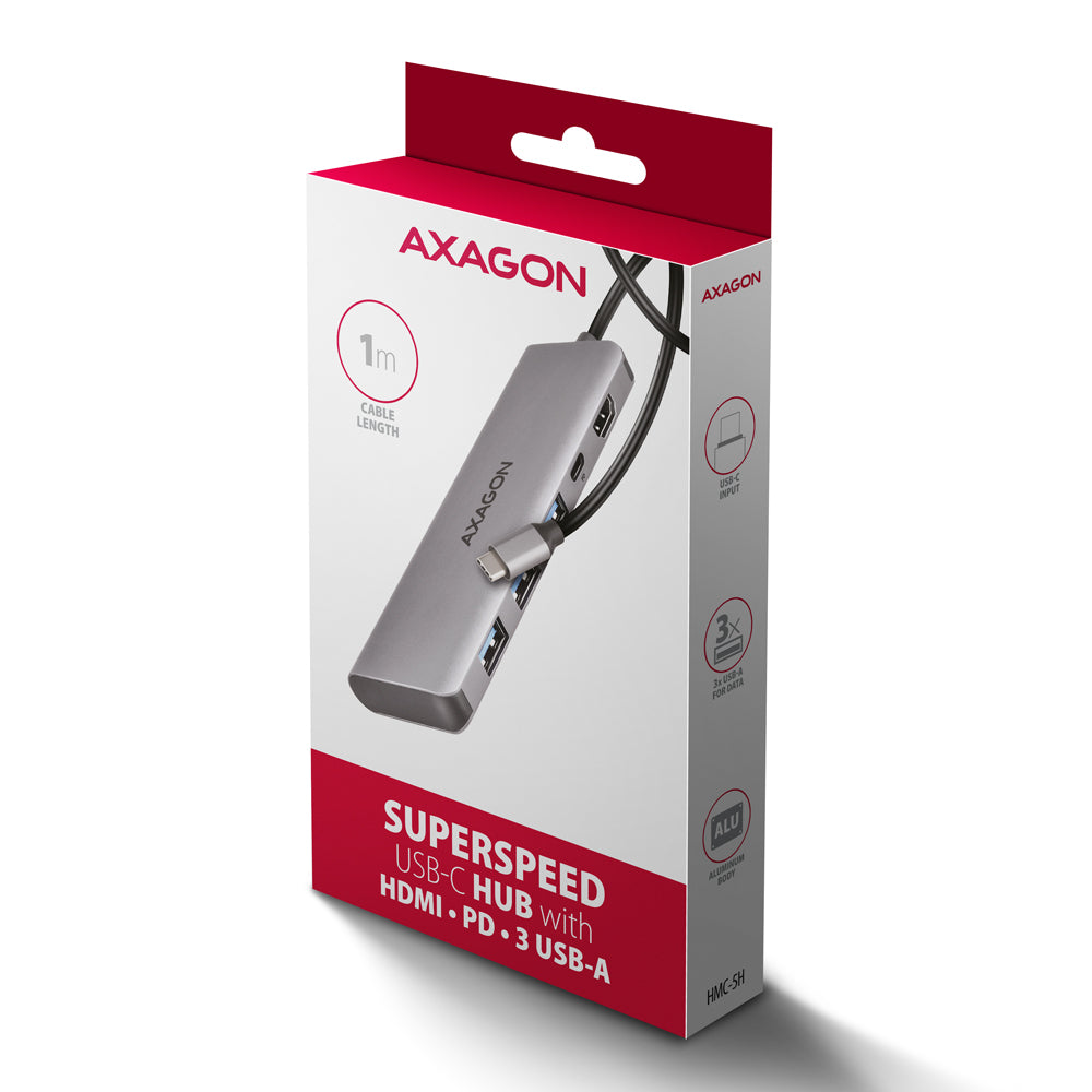 Axagon HMC-5H USB-C 3.2 Gen 1 hub 3x USB-A 4K HDMI PD 100W - Silber Avec fil USB 3.2 Gen 1 (3.1 Gen 1) Type-C Argent