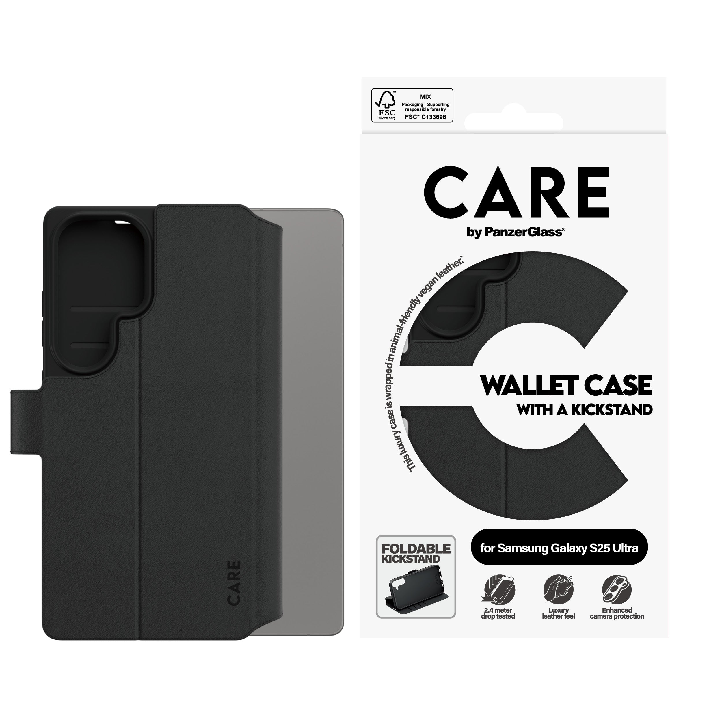 PanzerGlass CARE™ by ® Wallet Case w. Kickstand Samsung Galaxy S25 Ultra coque de protection pour téléphones portables Housse Noir