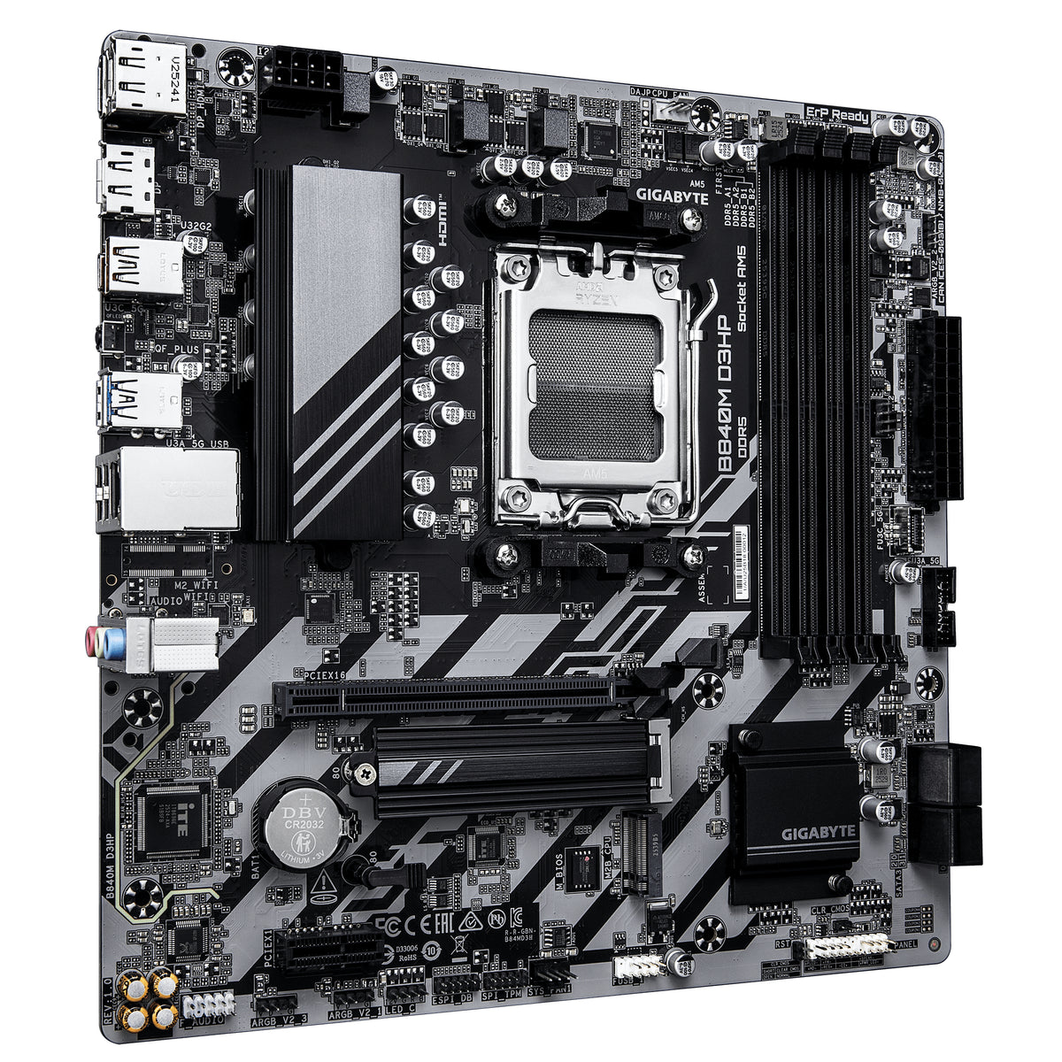 GIGABYTE B840M D3HP Carte Mère – Processeurs AMD Ryzen 9000, VRM 8+2+2 phases, jusqu’à 8200 MHz DDR5 (O.C.), 2× M.2 PCIe