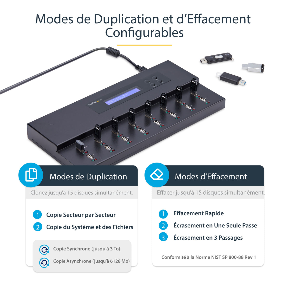 StarTech.com Duplicateur et Effaceur Autonome de 1 à 15 clés USB, Copieur de Plusieurs Clés USB, Copie Système et Fichier et Secteur par Secteur, 1,5 Go/min, Effacement en 3 Passes, Affichage LCD - vue 6
